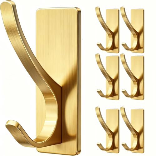 pickpiff Brushed Gold Self Adhesive Coat Hooks for Hanging: 13LB Extra Strong Stainless Wall Hook for Towel, Utensil, Backpack, Hat, Sturdy Metal Hanger for Bathroom, Kitchen, Door, 6-Pack - color: Gold, size: 6 Pack