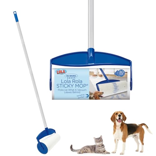 LOLA Rola PET Hair Remover Sticky Mop, Giant Floor Lint Roller, 9" x 3.5", Aluminum Handle, Largest Head, Traps Hair, Dust, Dirt, Extra Sticky Sheets - size: 1 Set, style: Mop 4-Pc Aluminum Handle
