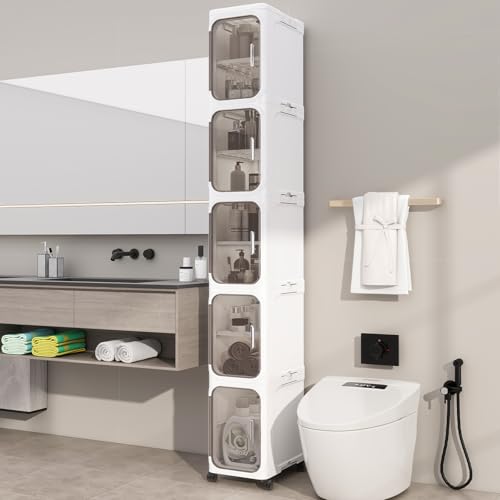 5 Tier Slim Bathroom Storage Cabinet, Foldable and Movable, White | Tools Free, ABS and PET, Magnetic Clear Door, Adjustable Shelves, Lockable Wheels, Water Resistant, For Narrow Space - color: White, size: 5 Tiers