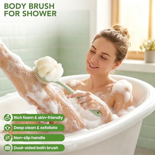 Back Scrubber for Shower, 15.7" Loofah with Handle, Back Shower Brush with Bristles and Loofah, Dry Brushing Body Brush for Cleanse Back and Hard to Reach Areas with Curved Long Handle - color: Light Green