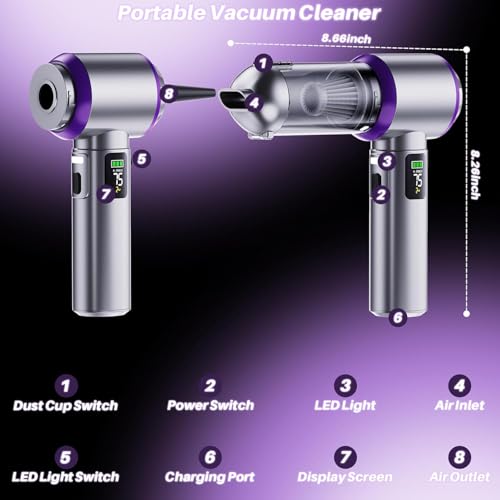 Car Vacuum Portable Cordless, 22000PA High Power Handheld Vacuum Cordless with Brushless Motor & LED Light, Small Vacuum for Car, Home, Pet, Office