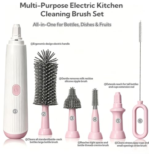Electric Bottle Brush Set, 6-in-1 Electric Cleaning Brush with Waterproof Silicone Cleaner, 3 Replaceable Brush Heads, Straw Brush & Extension Rod, for Baby Feeding Accessories and Kitchen Utensils - color: Light Pink