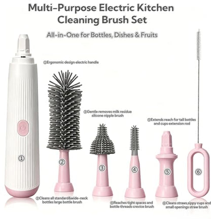 Electric Bottle Brush Set, 6-in-1 Electric Cleaning Brush with Waterproof Silicone Cleaner, 3 Replaceable Brush Heads, Straw Brush & Extension Rod, for Baby Feeding Accessories and Kitchen Utensils - color: Light Pink