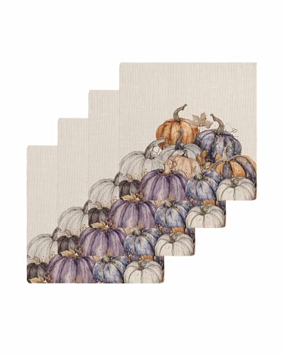 Purple Pumpkins Dish Towels Set, Waffle Weave Kitchen Towels 4 Pieces, Microfiber Hair Face Bath Tea Towel Absorbent Quick Drying Cleaning Dish Cloths, Fall Thanksgiving Vintage Maple Leaves 12"x12" - color: Purple Orange Natural Beige, size: 4PCS,12"x12"