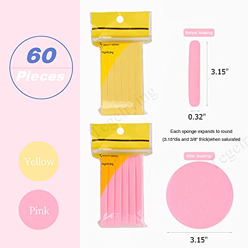Facial Sponge Compressed,60 Pcs PVA Professional Makeup Removal Wash Round Face Sponges Spa Pads Exfoliating Cleansing for Women,Yellow,Pink - color: Yellow,Pink