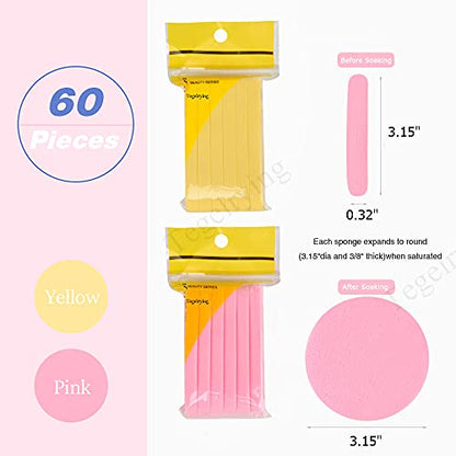 Facial Sponge Compressed,60 Pcs PVA Professional Makeup Removal Wash Round Face Sponges Spa Pads Exfoliating Cleansing for Women,Yellow,Pink - color: Yellow,Pink