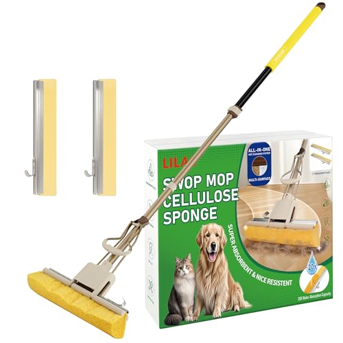 LILAC Cellulose Sponge Mop with 2 Replacement Heads, 4-Color Handle Choices for Zoned Cleaning, Super Absorbent Pop Up Roller Mop for Hardwood,Laminate Floors, Heavy Duty Floor Scrubber (Yellow) - color: Yellow
