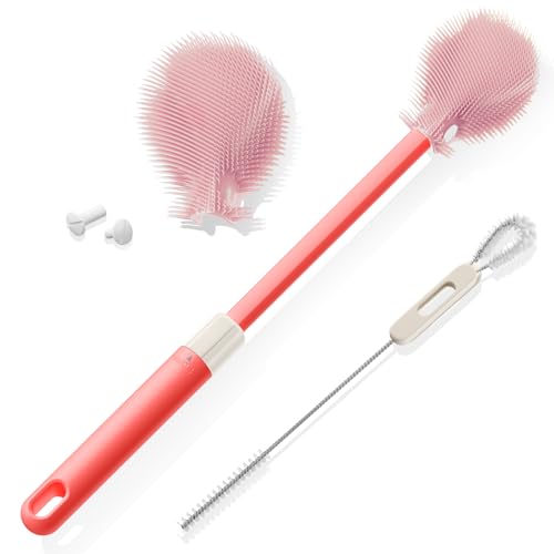 Extendable Bottle Brush with Straw Cleaner Brush, 10.8 to 14 Inches Adjustable Long Handle Water Bottle Scrubber for Cleaning Glasses, Cups, Coffee Mugs, tumblers with Replacement Head, Pink - color: Pink