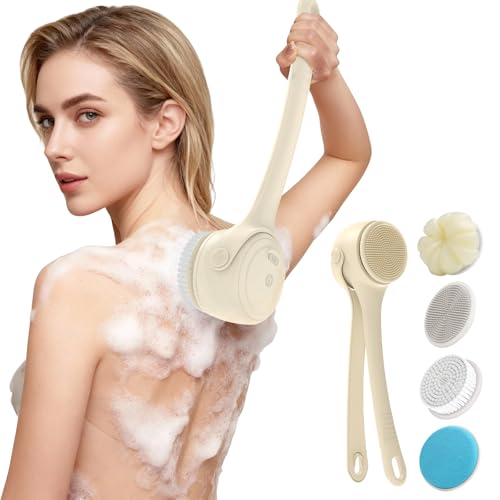Electric Back Scrubber for Shower - Waterproof Rechargeable Exfoliating Brush for Deep Cleansing, Soft Bristles for Sensitive Skin, Dry/Wet Use for Back, Arms & Legs - color: Apricot