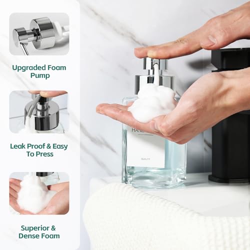 Foaming Soap Dispenser, 12oz/350ml Glass Hand Soap Dispenser Set, Refillable Foam Dispenser with Foaming Pump, Labels, Square Hand Dispenser for Bathroom, Kitchen 2 Pack - color: Clear Bottle+silver Pump