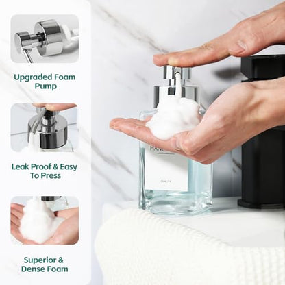 Foaming Soap Dispenser, 12oz/350ml Glass Hand Soap Dispenser Set, Refillable Foam Dispenser with Foaming Pump, Labels, Square Hand Dispenser for Bathroom, Kitchen 2 Pack - color: Clear Bottle+silver Pump