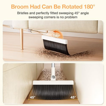 Broom with Dustpan Combo Set,UOEOS One-Sweep Clean,Pet Hair Removal Broom with Self-Cleaning Double-Layer Teeth,High Density Broom and Windproof Dustpan for Indoor&Outdoor - color: Gray