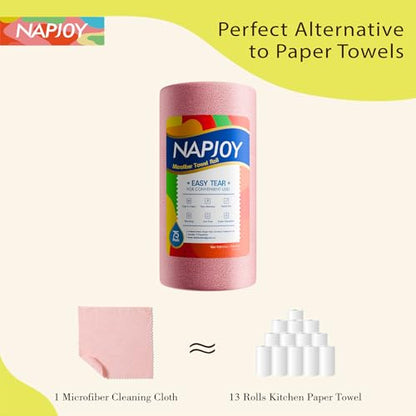 Napjoy Microfiber Cleaning Cloth Roll, 75PK Easy Tear Away Reusable Paper Towels, 12" x 12", Lint-Free and Scratch-Free with Patented Fiber Technology Microfiber Towel Roll, Pink - color: Pink
