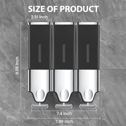 EHORIA 3-in-1 Quadrate Dispensers for The Shower,Shower soap Dispenser,Conditioner Dispenser, Shampoo Dispenser,No Drilled Wall Mounted Distributor,Hotel,Bathroom,Home - color: Triple, Black