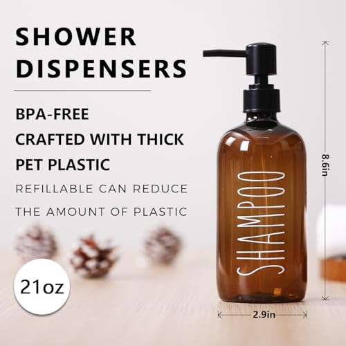 HOMCDALY Shampoo and Conditioner Dispenser Set of 3, 21oz Shower Soap Bottles with Pump, Refillable Shampoo Conditioner Body Wash Dispenser, Empty Bathroom Shower Shampoo Bottles(P-Brown) - color: Brown-21on