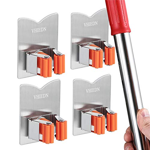 Broom Holder Wall Mount, 4 Pack Orange Stainless Steel Mop and Broom Organizer, Heavy Duty 15 Lbs Self Adhesive Tool Hanger, No Drill V-Shape Broom Hooks for Garage, Kitchen, Bathroom - color: Orange
