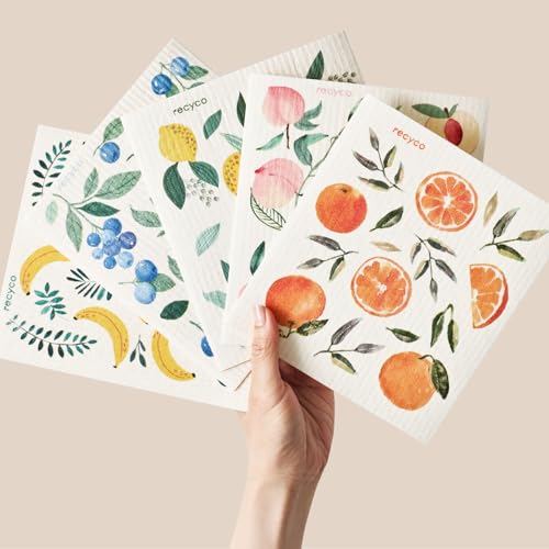 RECYCO Swedish Dishcloths for Kitchen | 5 Pack Washable Dish Rags | Cellulose Reusable Cleaning Paper Towels | Absorbent Counter Dish Cloth Sponge Kitchen Wipes, 8" L x 7" W - color: Fruitful Foliage-5 Pack