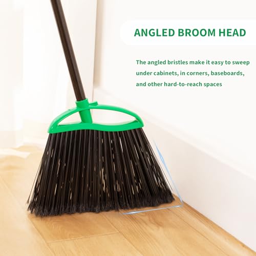 2 Pack Heavy Duty Brooms, 55" Long Handle Indoor Outdoor Angle Broom Set, Household Commercial Floor Cleaning, for Sweeping Home, Kitchen, Deck, Garage, Patio - Green
