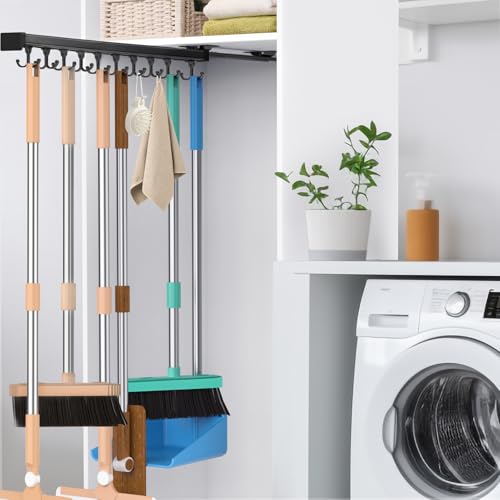 Pull Out Broom Holder With Adjustable Double Row Sliding Hook, Multifunctional Slide Broom And Mop Storage/Organizer Garage Organization Hooks, for Closet Laundry Garage - 56cm/22in - color: Black, size: 56cm/22.05inch
