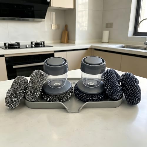 2-in-1 Soap Dispensing Dish Brush Set, with 6 Heads & Tray | PET soft for non-stick; steel wool for cast iron. Upgraded seal reduces leaks. 6 heads + drip tray