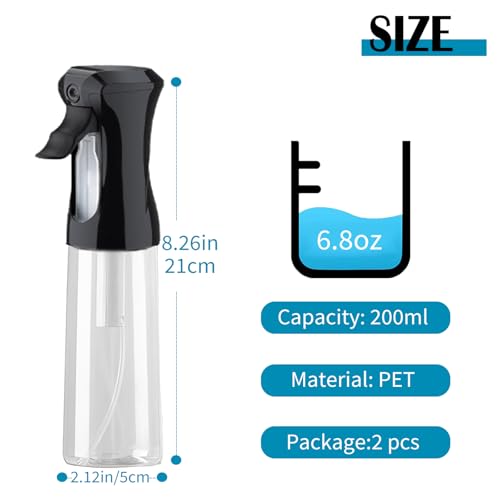 THINTON Mist Spray Bottle for Hair (6.8oz/200ml) - 2 Pcs Continuous Spray Bottle for Hairstyling, Cleaning, Plant and Gardening