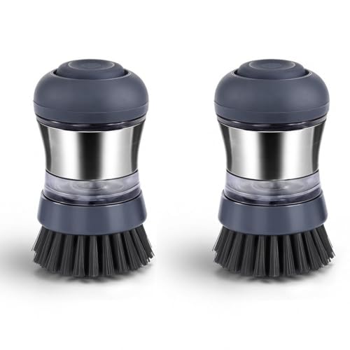 Steel Soap Dispensing Palm Brush - Pack of 2 - Kitchen Dish Scrub Brush