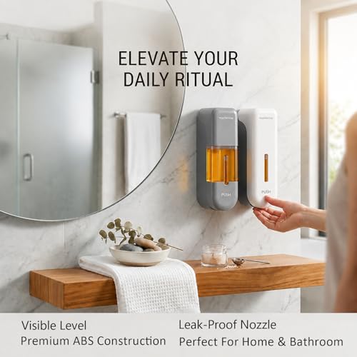Shampoo and Conditioner Dispenser, Shower Soap Dispenser Wall-Mounted Soap Dispenser No Drill Refillable Shampoo Dispenser 300ML for Bathroom, Hotel, Shower Wall with Labels (White)
