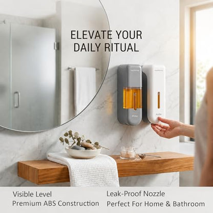Shampoo and Conditioner Dispenser, Shower Soap Dispenser Wall-Mounted Soap Dispenser No Drill Refillable Shampoo Dispenser 300ML for Bathroom, Hotel, Shower Wall with Labels (White)