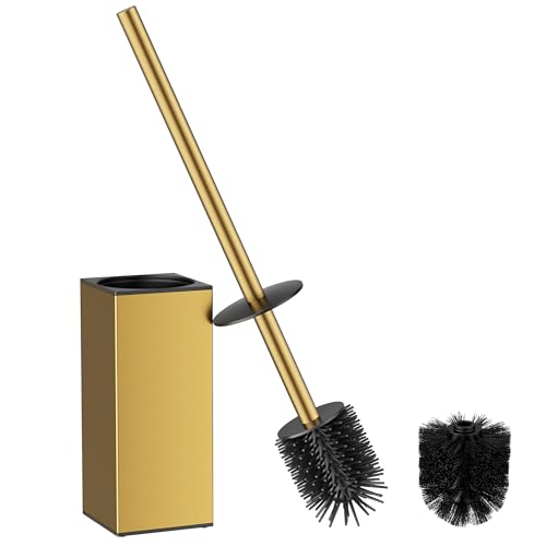 FORIOUS Toilet Brush and Holder Set, SUS304 Stainless Steel Square Base, Extended Long Handle, Drip-Proof & Space Saving, 2 Replaceable Brush Heads, Plastic & Silicone Dual Brush Head, Drak Gold - color: Brushed Gold