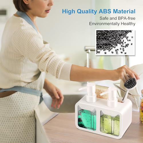 Kitchen Soap Dispenser Set, with Hand and Dish Soap, Sponge Caddy and Brush Holder 4-in-1 Kitchen Dual Soap Dispenser Set for Kitchen Sink, Bathroom - White - color: White