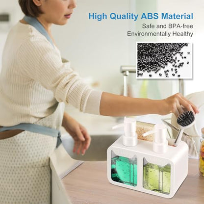 Kitchen Soap Dispenser Set, with Hand and Dish Soap, Sponge Caddy and Brush Holder 4-in-1 Kitchen Dual Soap Dispenser Set for Kitchen Sink, Bathroom - White - color: White