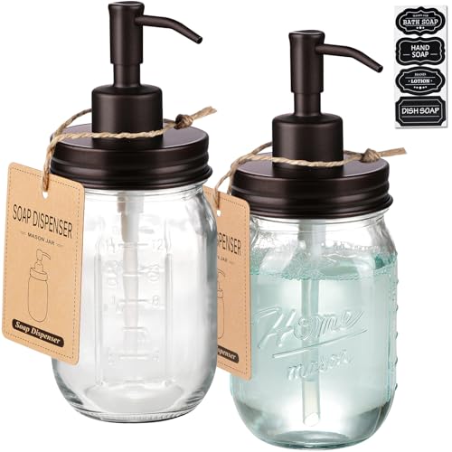 SheeChung 16 Oz Mason Jar Liquid Soap Dispenser, Glass Hand Soap Dispenser, Stainless Steel Pump Lid, Refillable Lotion Dispensers for Bathroom Countertop Kitchen (2, Bronze) - color: Bronze-2 Pack