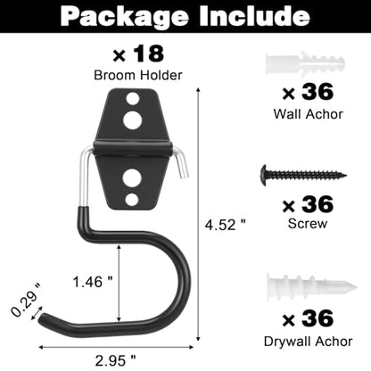 18 Pack Broom Holder Wall Mount - Tool Hangers Garage Wall Hanging Organizer - Heavy Duty Metal Large S Hooks for Mop Shovel Rake Shed Garden Lawn Yard Handle Tools Organization (Black)