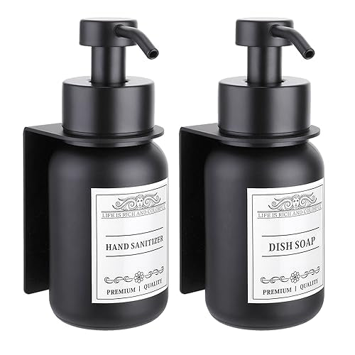 2 Pack Wall Mounted Soap Dispenser 8.5oz Refillable for Home & Hotel | Stainless steel pump head & bracket, glass bottle, wall mounted design, rust-resistant, durable, refillable - color: Black Set of 2