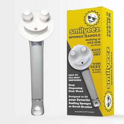 The Original Smiling Handle with Soap Dispensing for Scrub Daddy (Reg. TM) Sponge and Scrub Moji Sponges with Smilyeez Caddy, Dishwand, & 2 Scrub Mojis (White & Grey) - style: White - Grey With Sponges