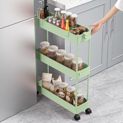 SPACELEAD Slim Storage Cart 3 Tier,Bathroom Organizer Rolling Utility,Mobile Shelving Unit Slide Out for Office, Kitchen, Laundry Room & Narrow Places，Green - color: Green