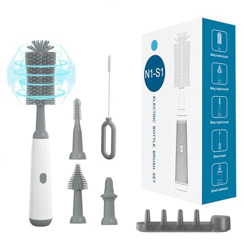 Electric Baby Bottle Brush Cleaner with Extended Handle & Drying Holder, Baby Bottle Brush Set with Silicone Bottle/Nipple/Crevice/Brush,Straw Cleaner,Lifesaver Automatic Bottle Cleaner,Gray - color: Gray White