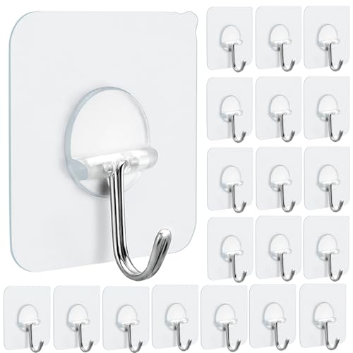 FOTYRIG Clear Adhesive Hooks 180° Rotatable Transparent Sticky Hooks, Heavy Duty 15lbs Waterproof No Drill Wall Hooks for Bathroom Kitchen Hanging Towels Keys-20 Packs - color: 20 Wall Hooks