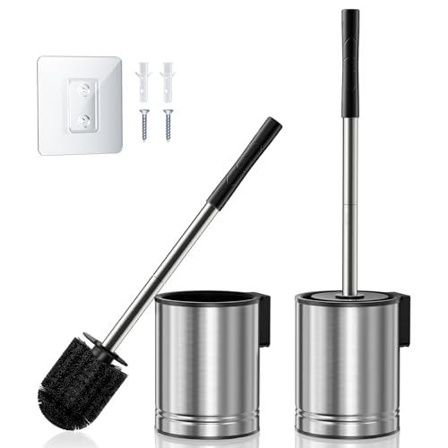 HAMITOR Toilet Brush and Holder Set: 2 Pack Stainless Steel Rustproof Kits with Deep Cleaning Bristles - Hidden Toilet Cleaner Scrubber for Homeowners - Compact Bathroom Accessories for Home RV Silver - color: Silver