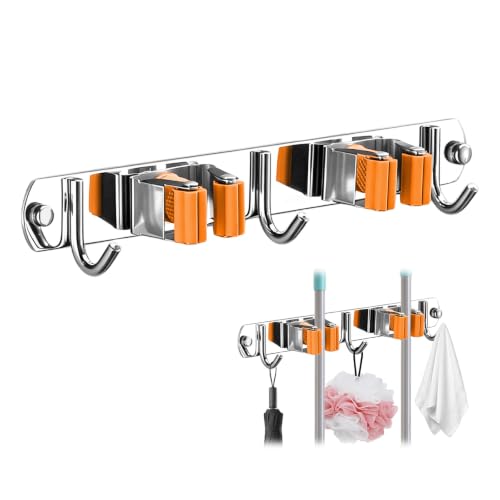 Upgrade Broom Holder Wall Mount, 304 Stainless Steel Mop & Broom Storage Organizer with Hooks, Self-Adhesive or Screw Install for Bathroom Garage Kitchen (orange, 2 Racks and 3 Hooks) - color: orange, size: 2 Racks and 3 Hooks