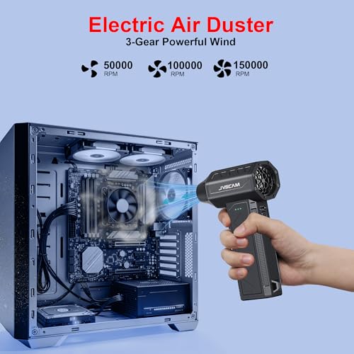 JVSCAM Compressed Air Duster,150000RPM Electric Air Duster, Vacuum Cleaner & Bag Vacuum 3-in-1, Rechargeable with 3-Gear Adjustable Wind Speed for Keyboard,Computer,Car,Home and Storage Bag Sealing