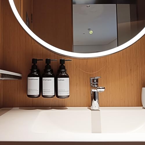 Shampoo Dispenser for Shower Wall, Shampoo and Conditioner Dispenser with 16 Waterproof Labels, Shower Dispenser 3 Chamber No Drill, Shower Soap Dispenser Wall Mounted for Bathroom, 17oz, Amber - color: 2-amber Bottle + Black Pump