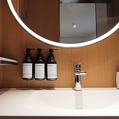 Shampoo Dispenser for Shower Wall, Shampoo and Conditioner Dispenser with 16 Waterproof Labels, Shower Dispenser 3 Chamber No Drill, Shower Soap Dispenser Wall Mounted for Bathroom, 17oz, Amber - color: 2-amber Bottle + Black Pump