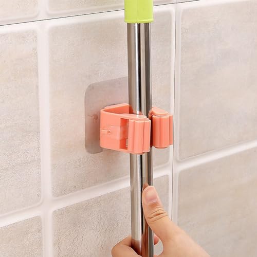 Broom And Mop Holder Clip 4 Pcs Mop Broom Wall Mounted Heavy Duty With Plastic Hooks Hanger No Drilling Mop Gripper For Home Bathroom Kitchen (pink) - color: pink