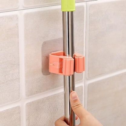 Broom And Mop Holder Clip 4 Pcs Mop Broom Wall Mounted Heavy Duty With Plastic Hooks Hanger No Drilling Mop Gripper For Home Bathroom Kitchen (pink) - color: pink