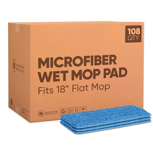 Microfiber Wholesale 18" Microfiber Wet Mop Pads, Bulk Case of 108 – Reusable, Machine-Washable Refills with Hook-and-Loop Backing – Fits Standard 18-Inch Flat Mop – Commercial Mop Pad Replacements - size: 18 inch 108 Case
