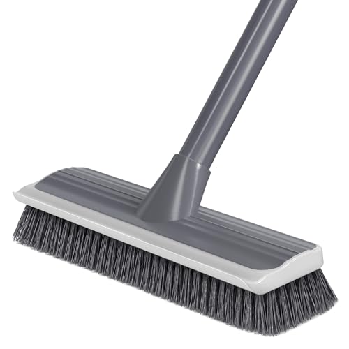 2 in 1 Floor Scrub Brush: Deck Brush with Squeegee - Long Adjustable Handle - 55'' Stiff Bristle Scrape Brush for Deck Patio Garage Shower Bathroom