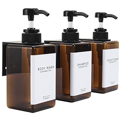 Shampoo and Conditioner Dispenser for Shower Wall 3 Chamber - Drill Free Square Shower Soap Dispenser Wall Mount with Waterproof Labels (3 Bottles 3 Wall Mounts-Amber) - color: 3 Bottles 3 Wall Mounts-amber