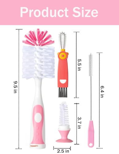 Baby Bottle Brush Set 4 in 1, Baby Bottle Cleaner, with 1P Nylon Bottle Brush, 1P Bottle Cap Brushes, 2P Straw Brushes, Bottle Brush with Nipple Cleaner and Suction Cup, BPA-Free(Pink) - color: Pink-nylon Brush