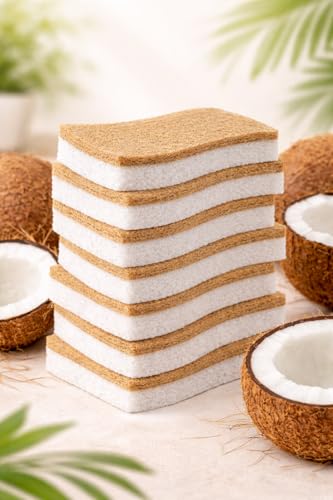 12 Pack Natural Coconut Fiber Dish Sponges, Non Scratch Kitchen Scrub Sponges, Cellulose Cleaning Sponge for Dishes, Pots & Pans, Reusable Organic Kitchen Sponges